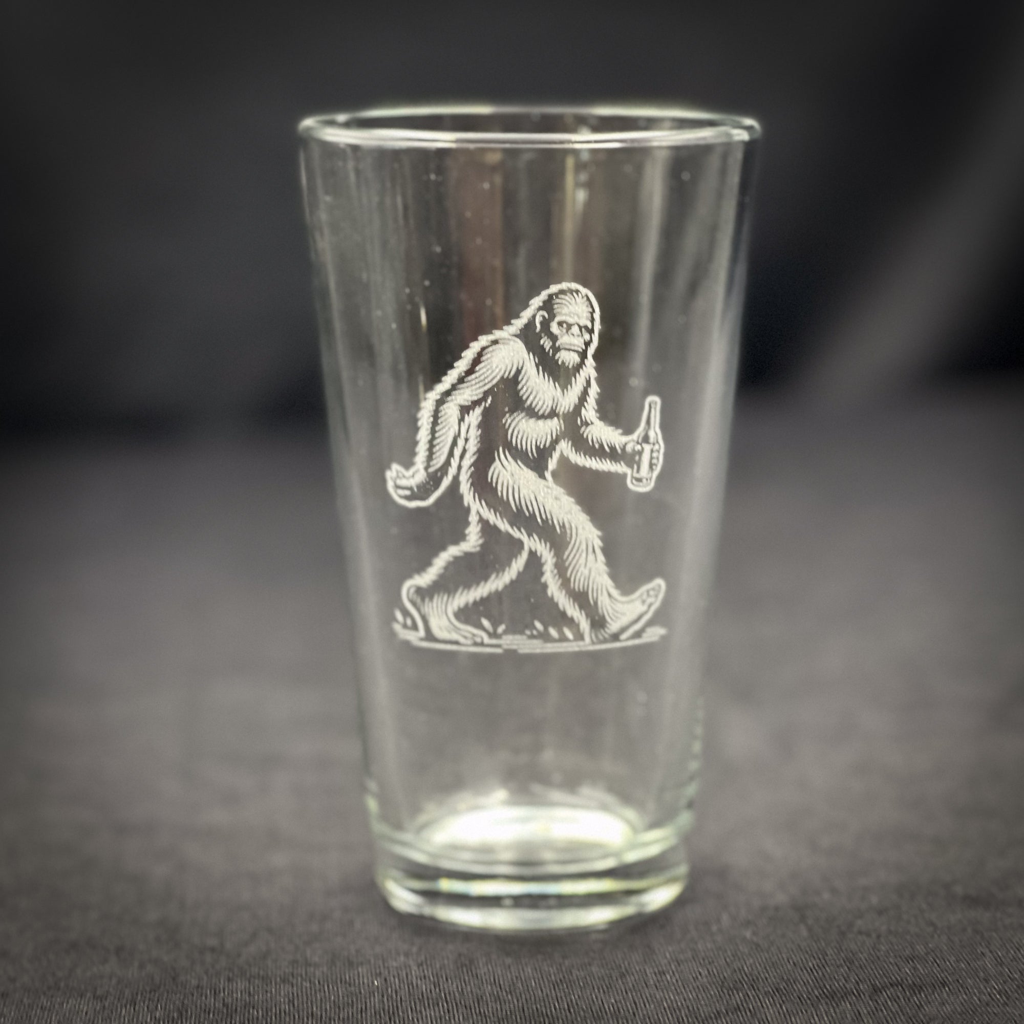 Bigfoot with Beer engraved pint glass
