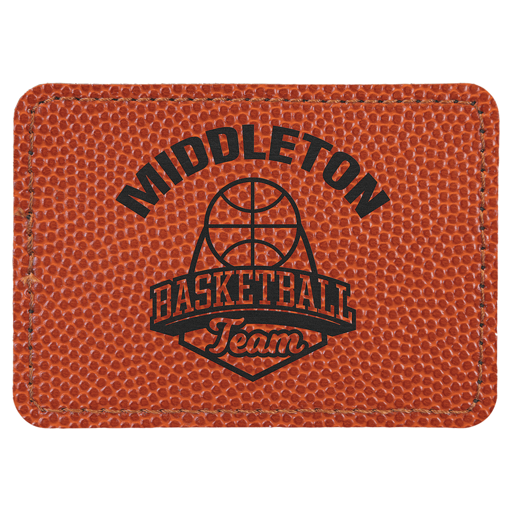 Basketball 3 1/2" x 2 1/2" Rectangle Laserable Leatherette Patch with Adhesive