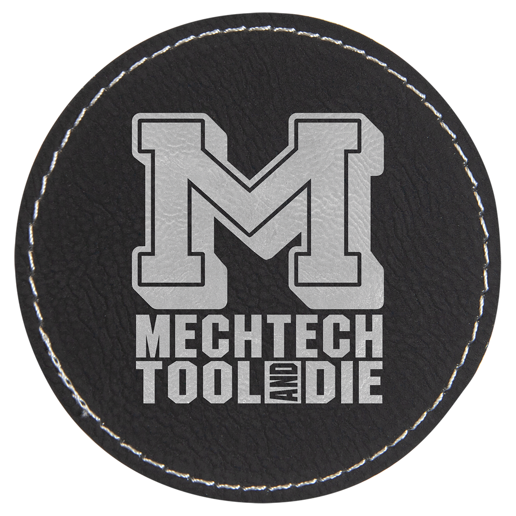 Black/Silver 3" Round Laserable Leatherette Patch with Adhesive