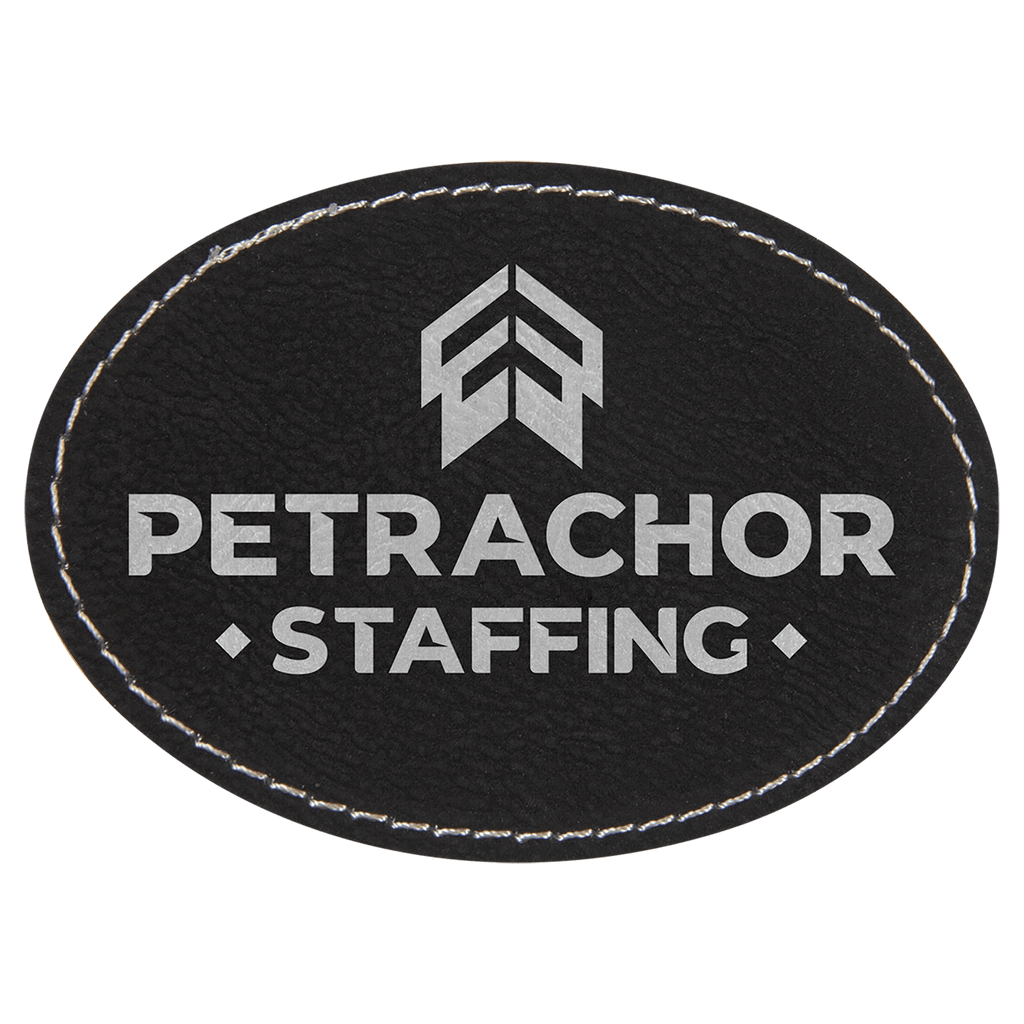 Black/Silver 3 1/2" x 2 1/2" Laserable Leatherette Oval Patch with Adhesive