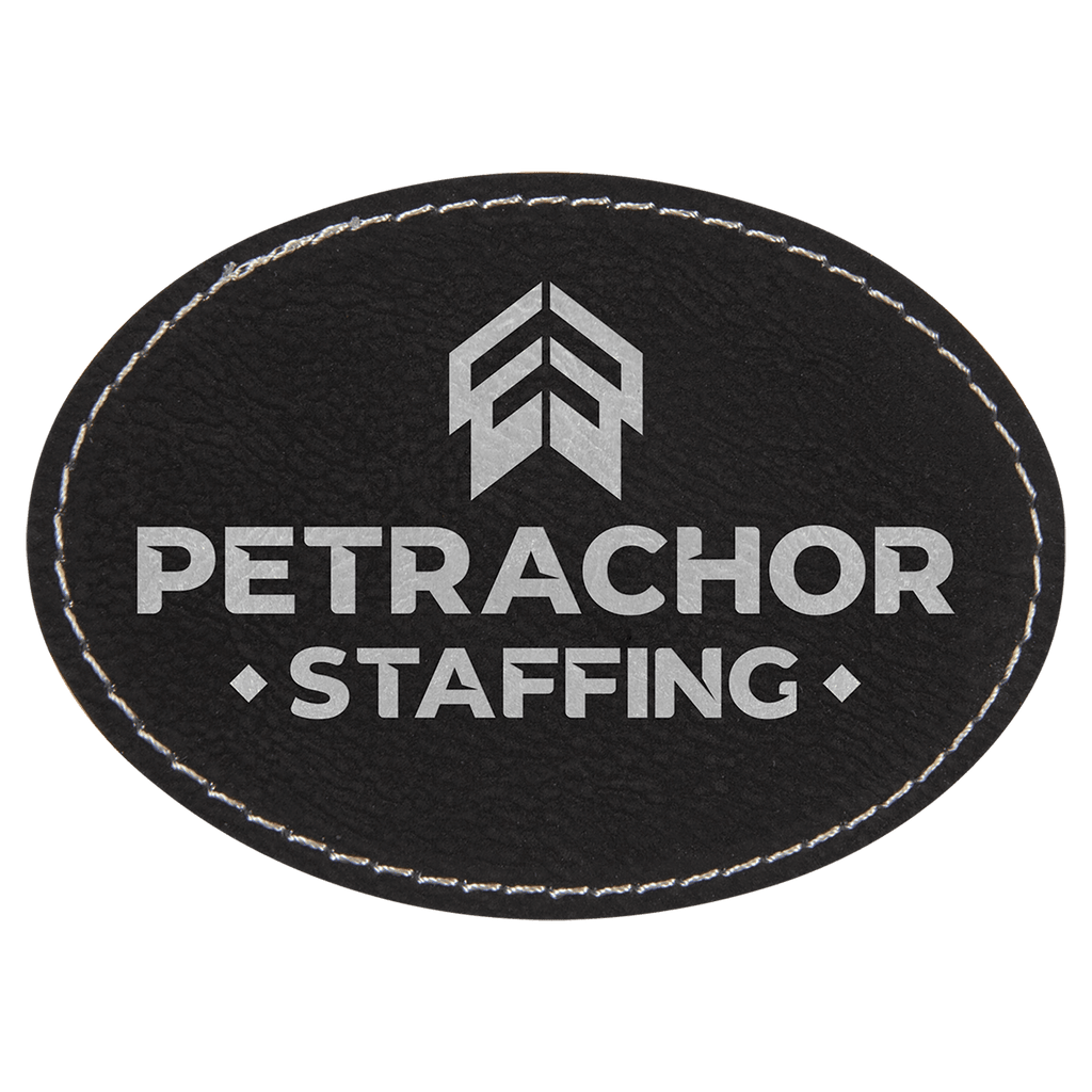 Black/Silver 3 1/2" x 2 1/2" Laserable Leatherette Oval Patch with Kota Pro Adhesive