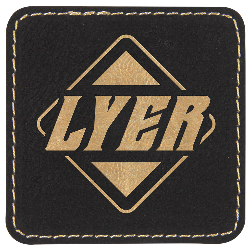 Black/Gold 2 1/2" x 2 1/2" Square Laserable Leatherette Patch with Adhesive