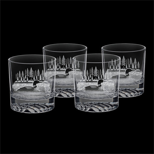 Loon on a Lake set of four 9 oz rocks glasses