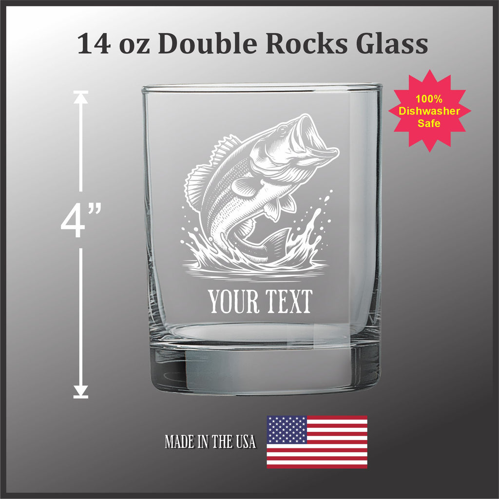 Large Mouth Bass Vintage Etched Double Old Fashioned Glass - 14 oz