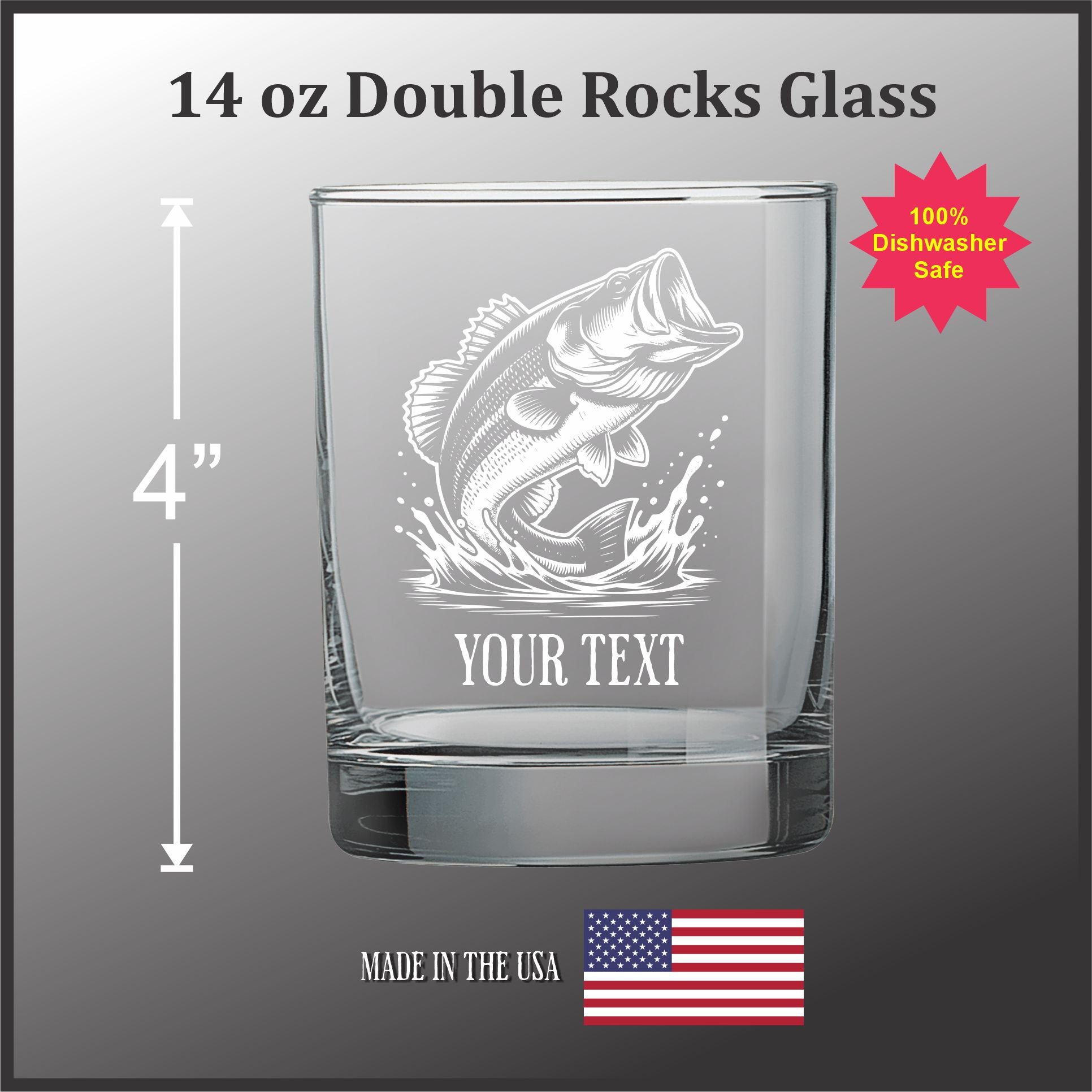 Large Mouth Bass Vintage Etched Double Old Fashioned Glass - 14 oz