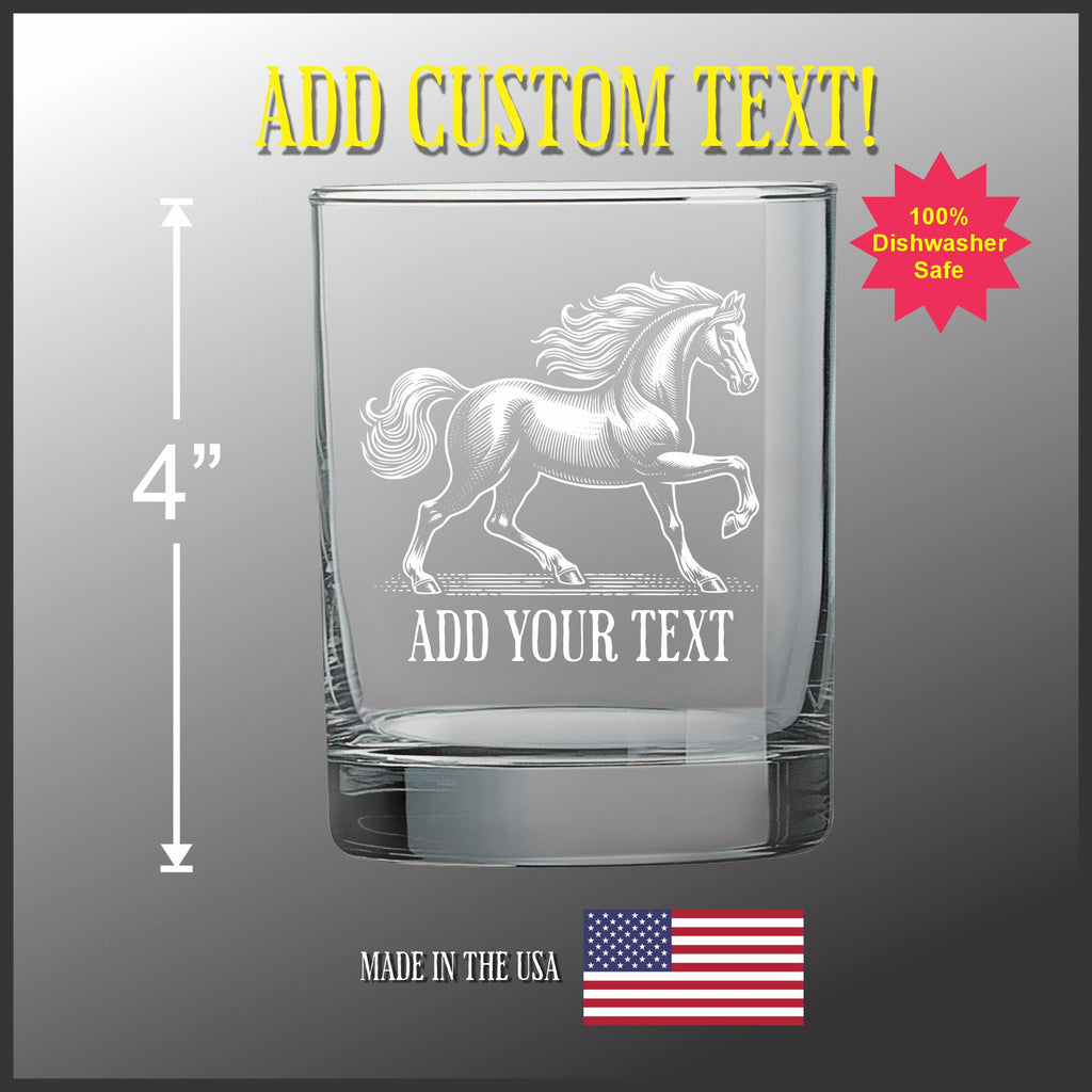 Double Old Fashioned Glass - 14 oz Horse Design Custom Etched Glass Tumbler