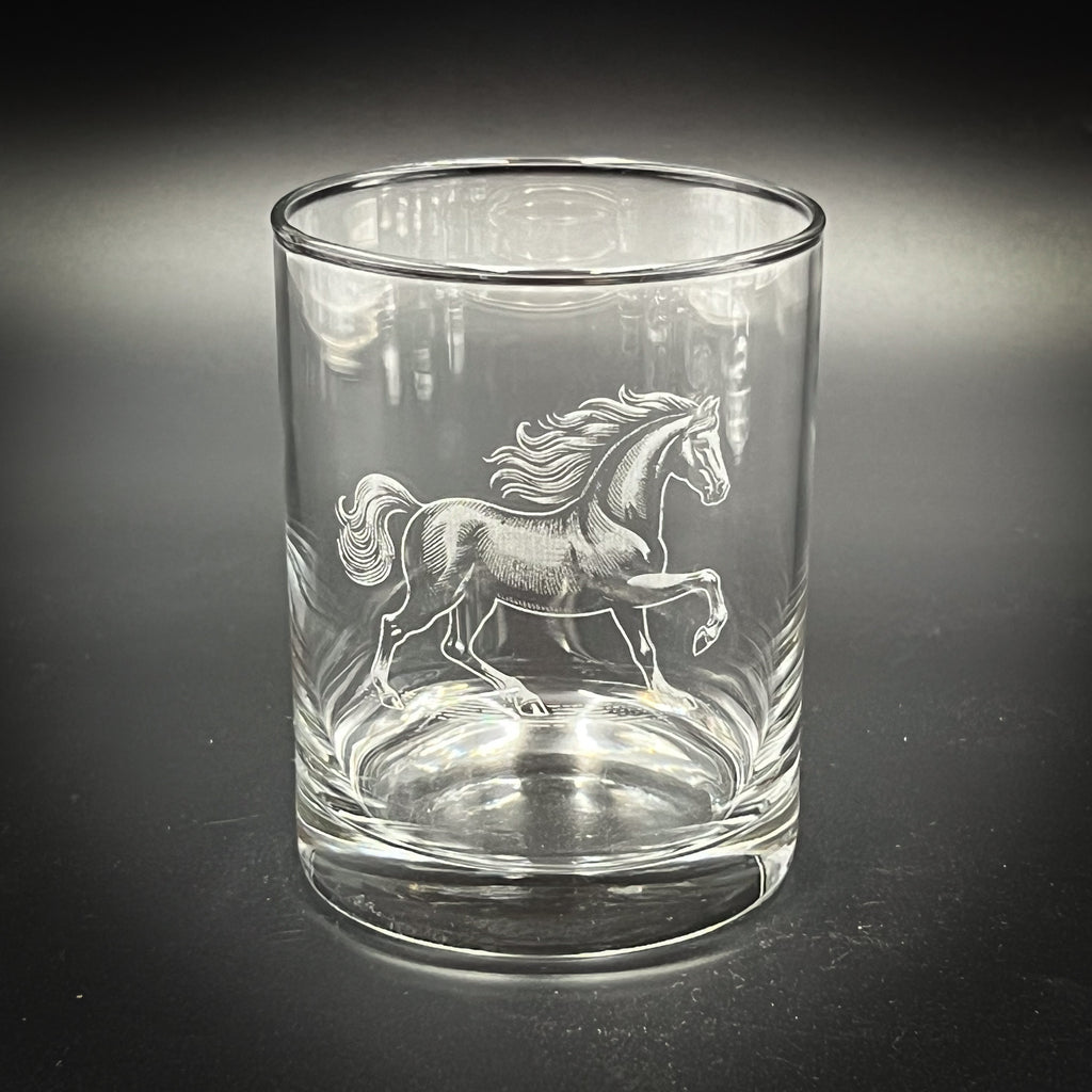 Double Old Fashioned Glass - 14 oz Horse Design Custom Etched Glass Tumbler