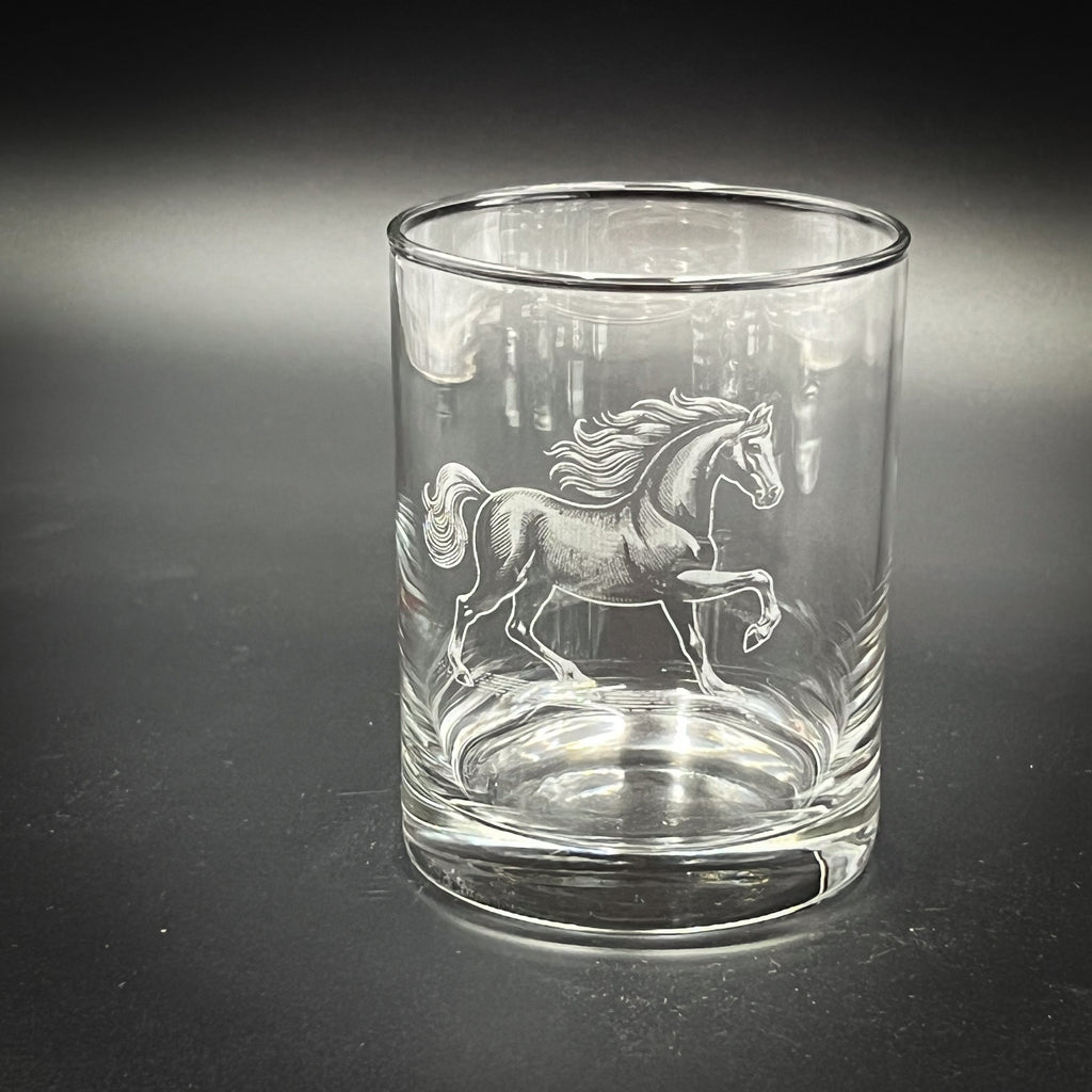Double Old Fashioned Glass - 14 oz Horse Design Custom Etched Glass Tumbler