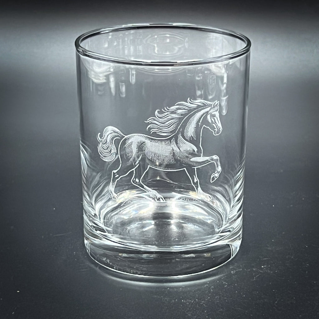 Double Old Fashioned Glass - 14 oz Horse Design Custom Etched Glass Tumbler