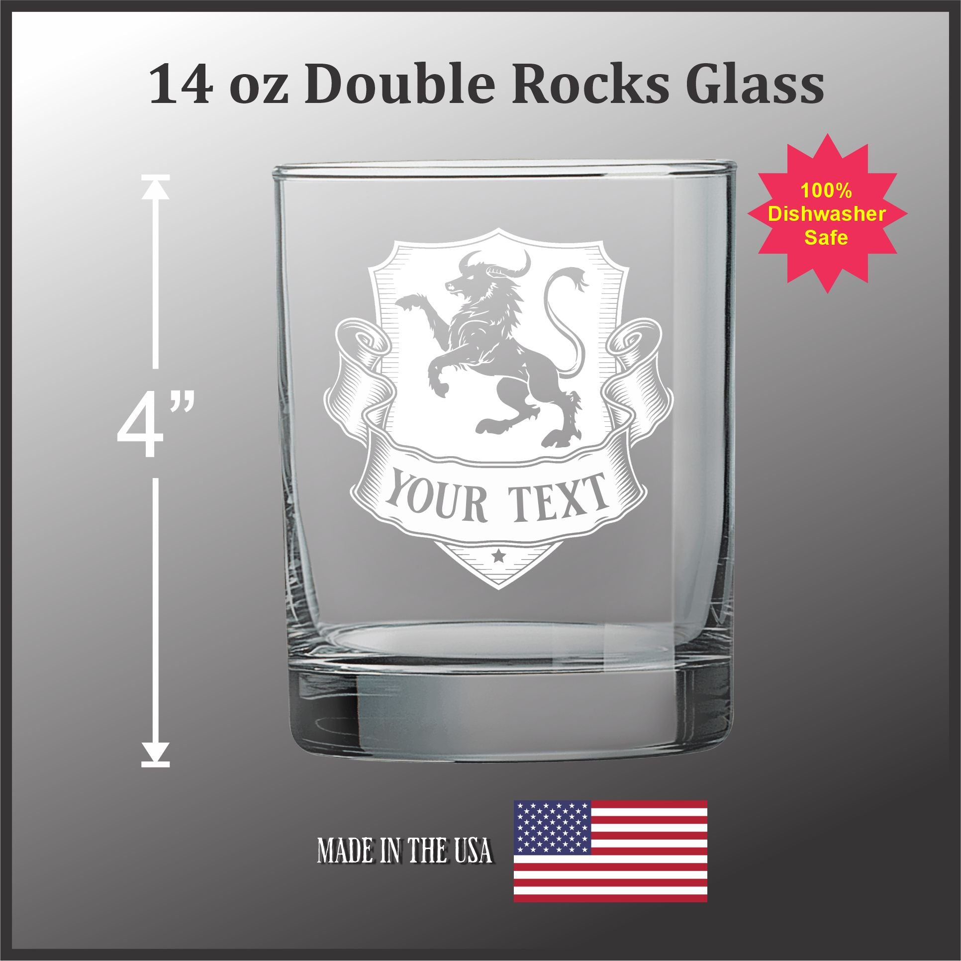 Custom Engraved Heraldic Animal Crest - 14 oz Rocks