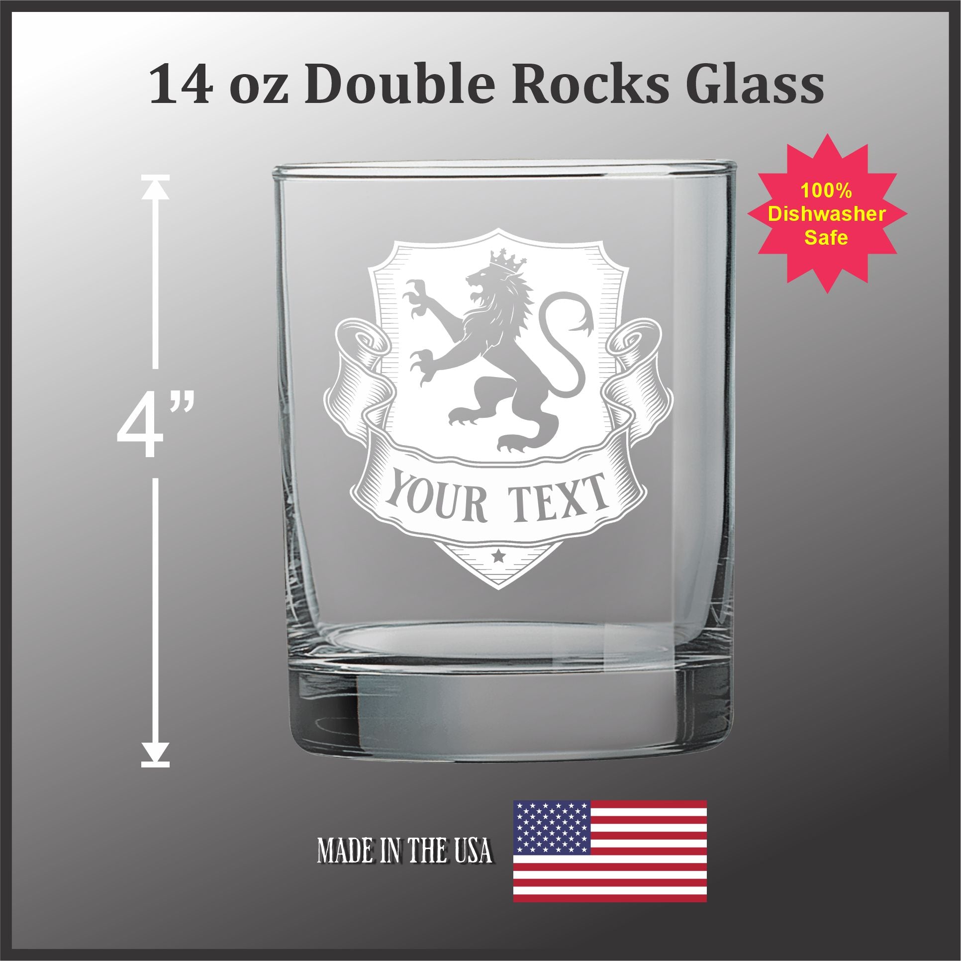 Custom Engraved Heraldic Animal Crest - 14 oz Rocks
