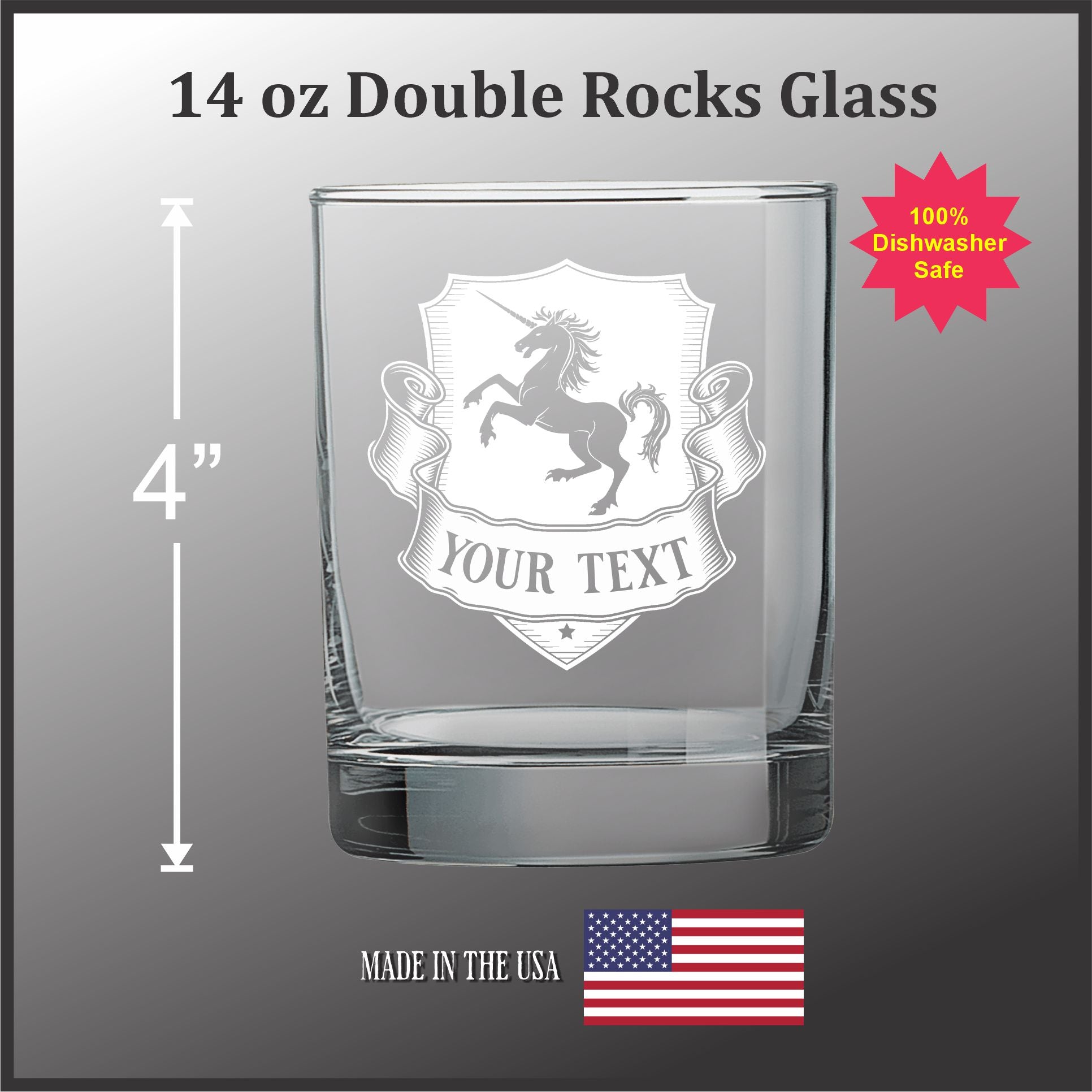 Custom Engraved Heraldic Animal Crest - 14 oz Rocks