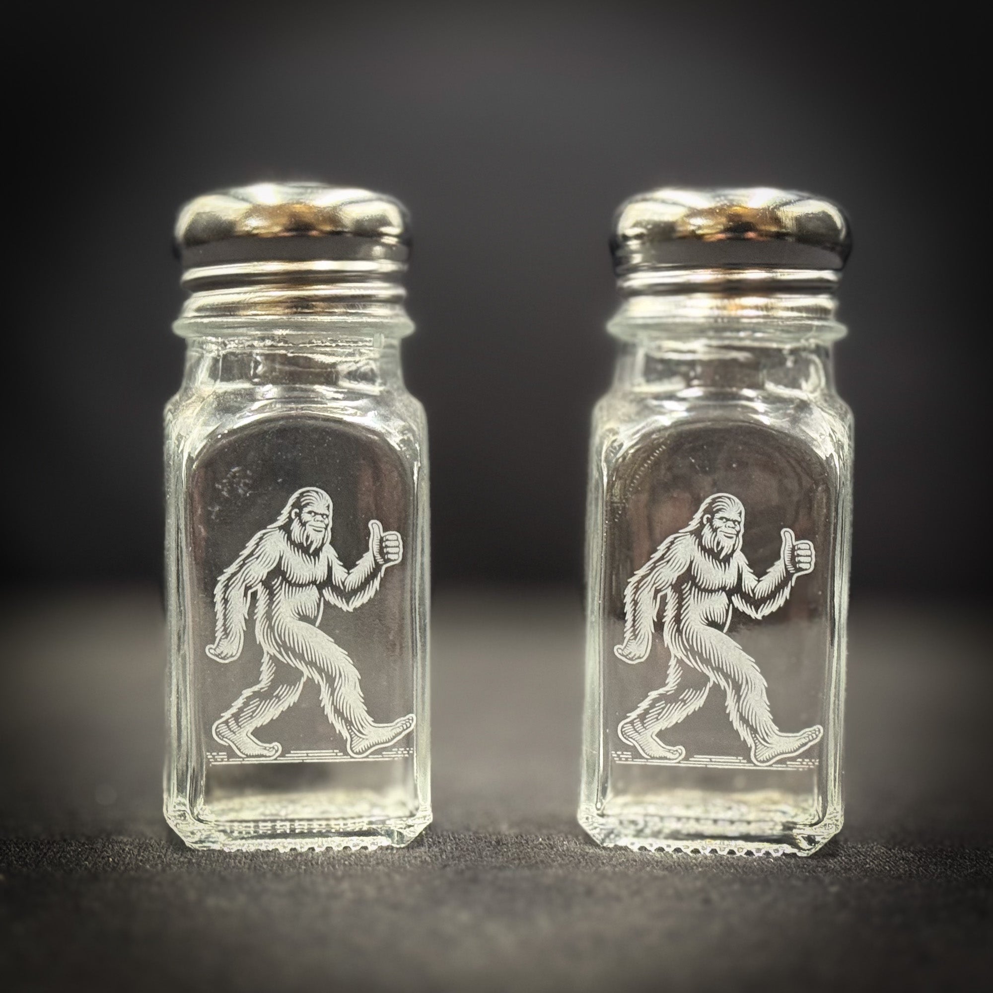 Glass Salt and Pepper Shaker set with Bigfoot Thumbs Up