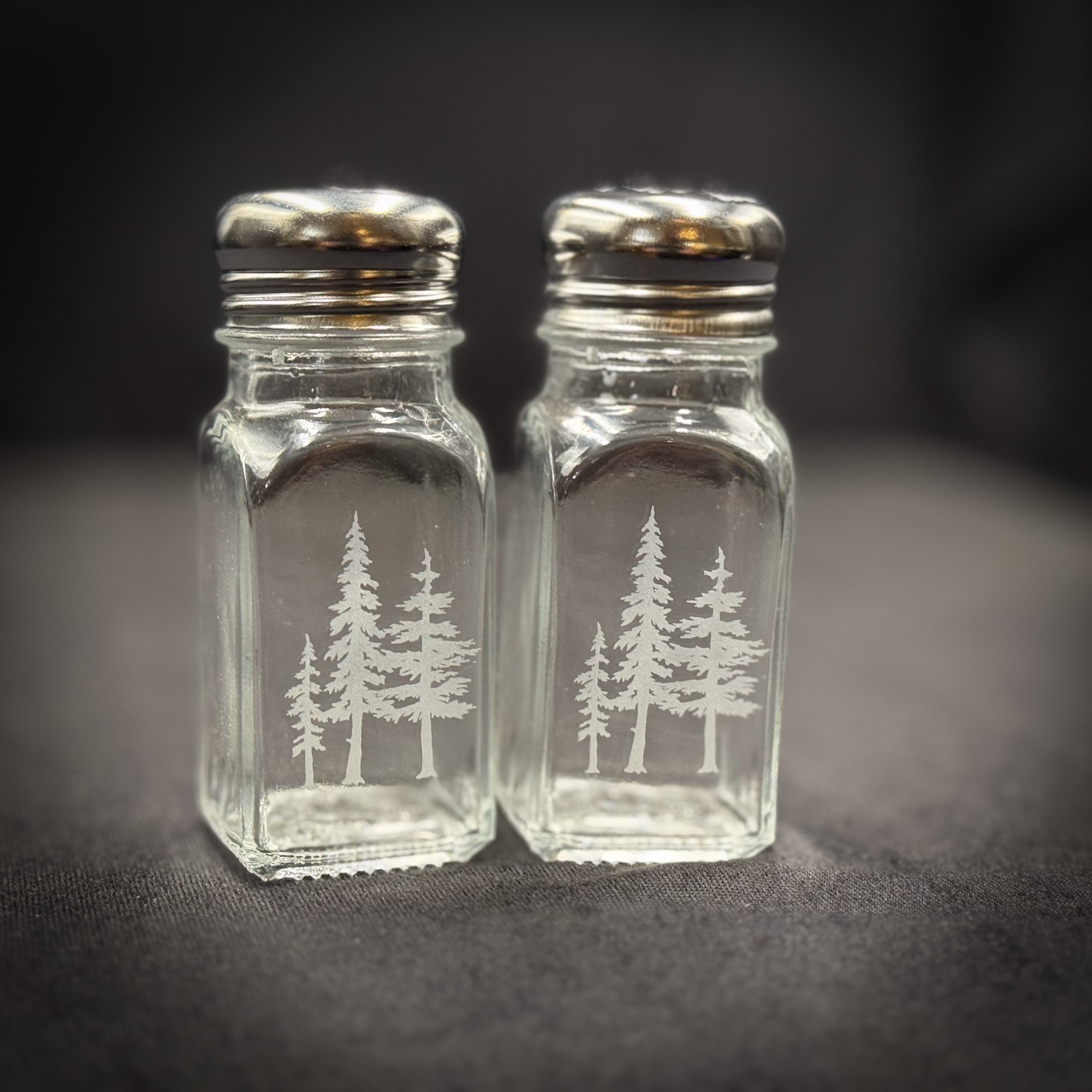 Glass Salt and Pepper Shaker set with 3 Trees