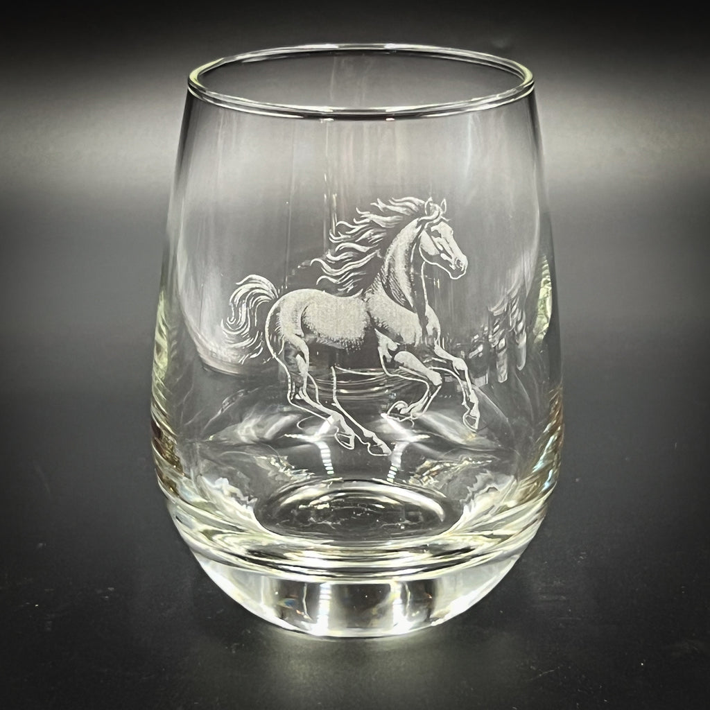 Running Horse Design Stemless Wine Glass - 15 oz