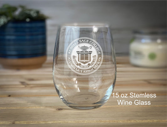 Russell Sage Alumnae/i seal - 15 oz Stemless Wine Glass