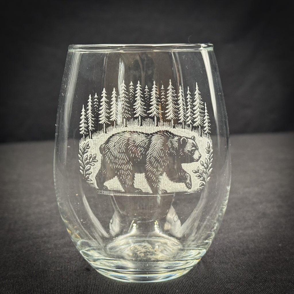 Bear in a Forest - 15 oz Stemless Wine Glass