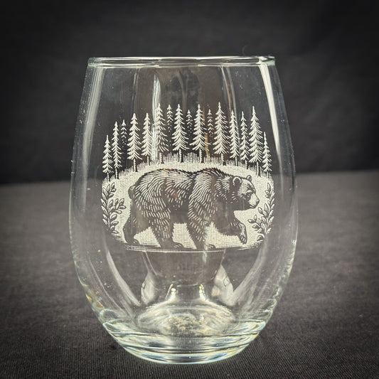 Bear in a Forest - 15 oz Stemless Wine Glass Ready for pick up