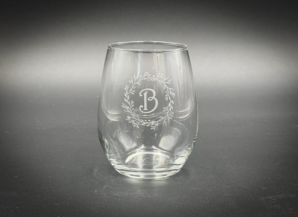 Floral Letter Custom - 15 oz Stemless Wine Glass