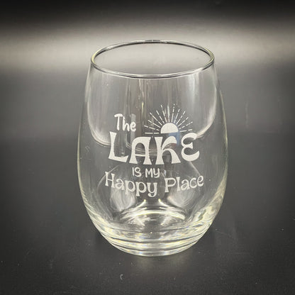 The Lake is my Happy Place - Stemless Wine Glasses