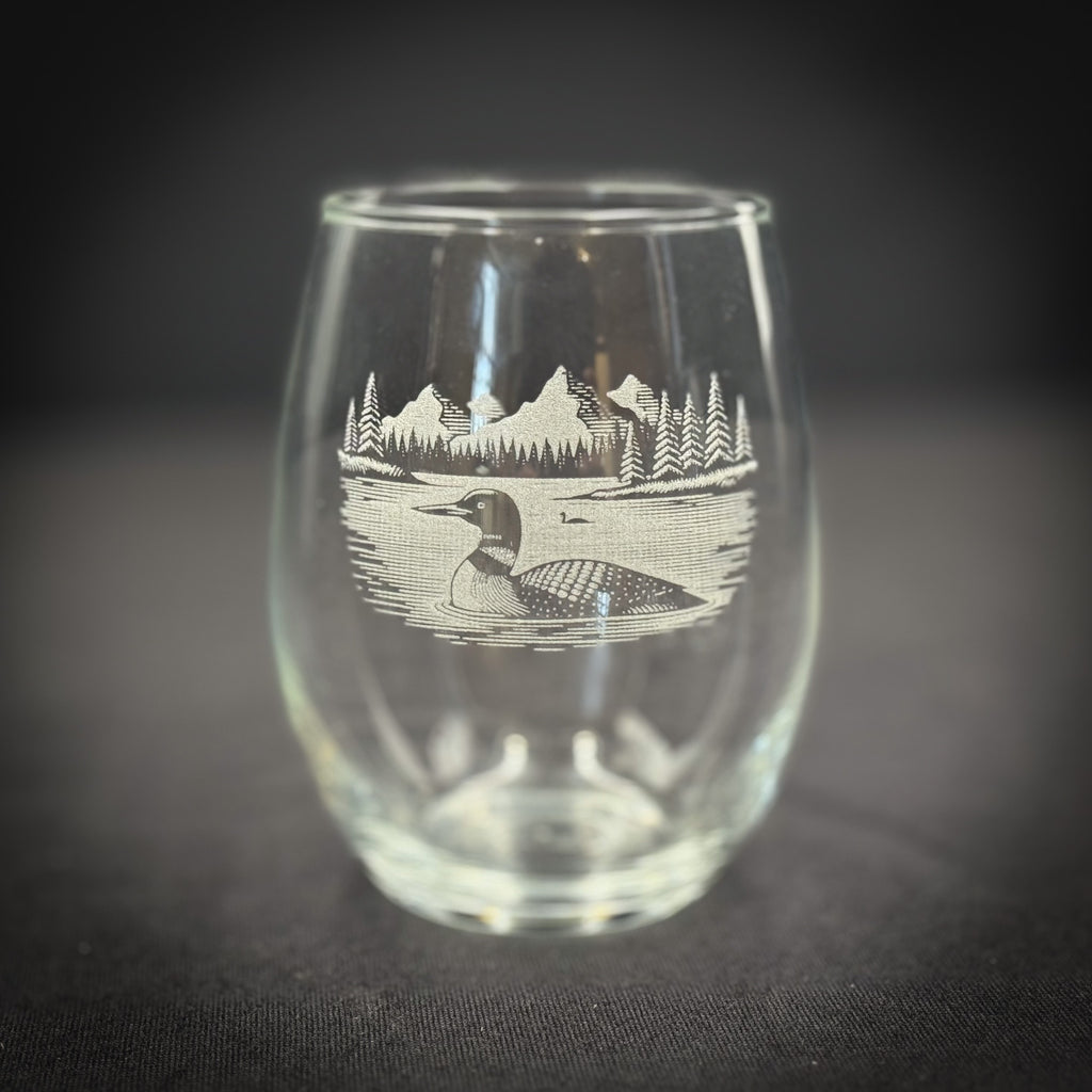Loon on a Lake - 15 oz Stemless Wine Glass