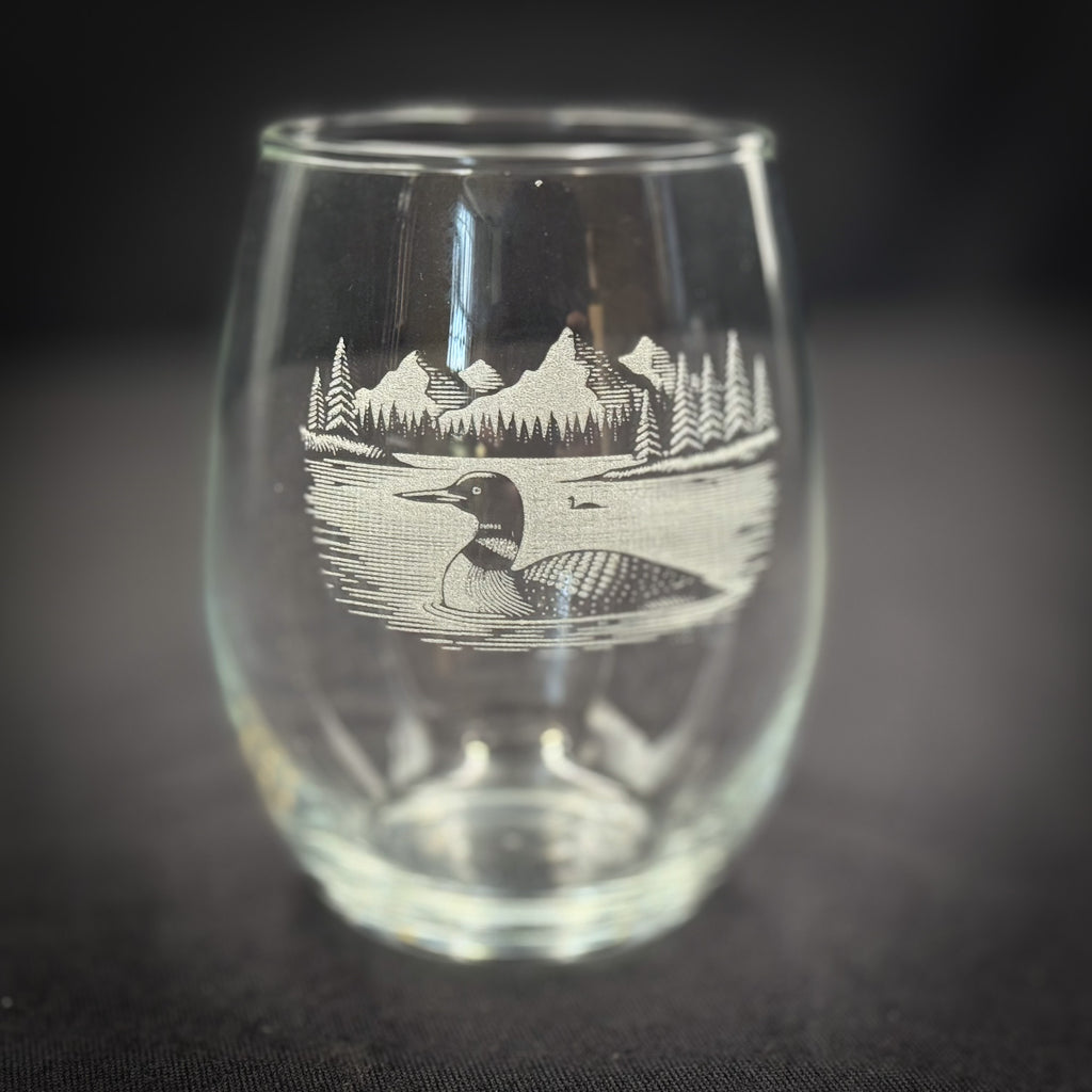 Loon on a Lake - 15 oz Stemless Wine Glass