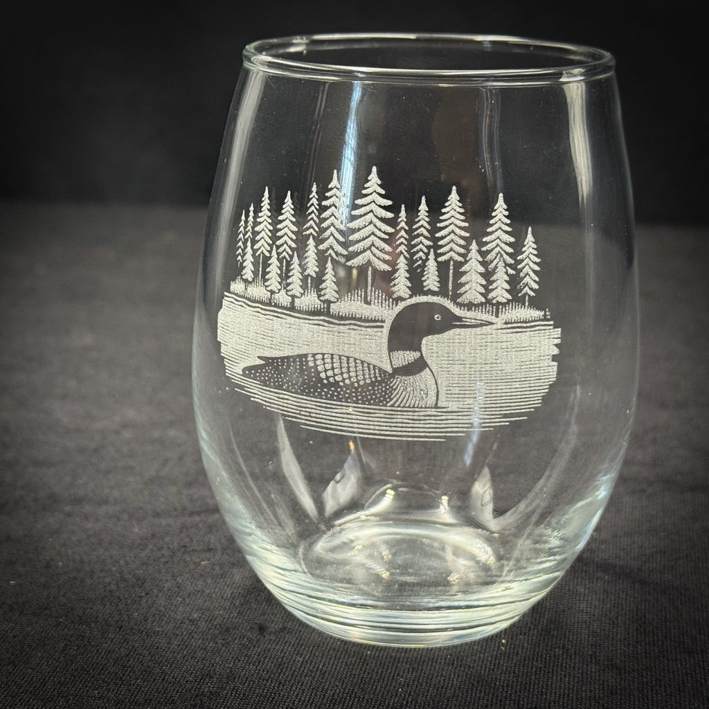 Loon on a Lake - 15 oz Stemless Wine Glass