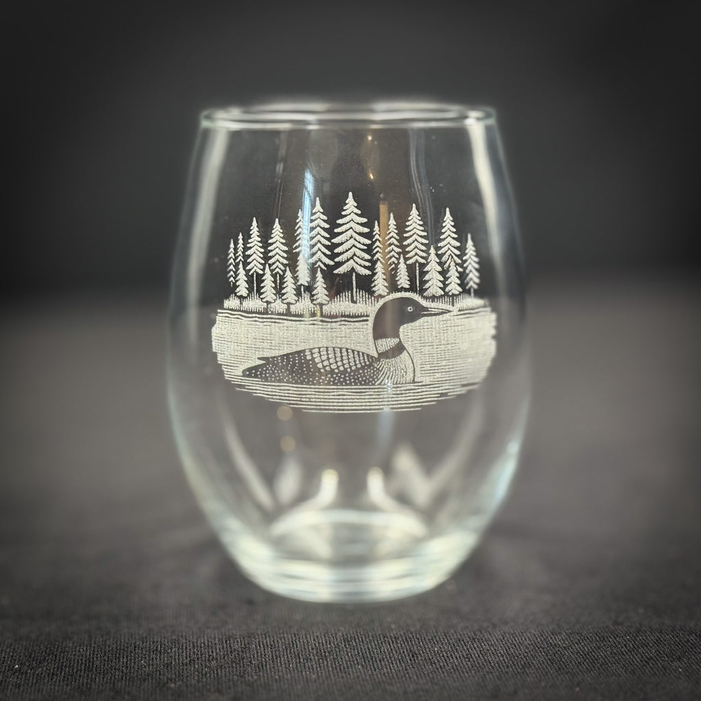 Loon on a Lake - 15 oz Stemless Wine Glass