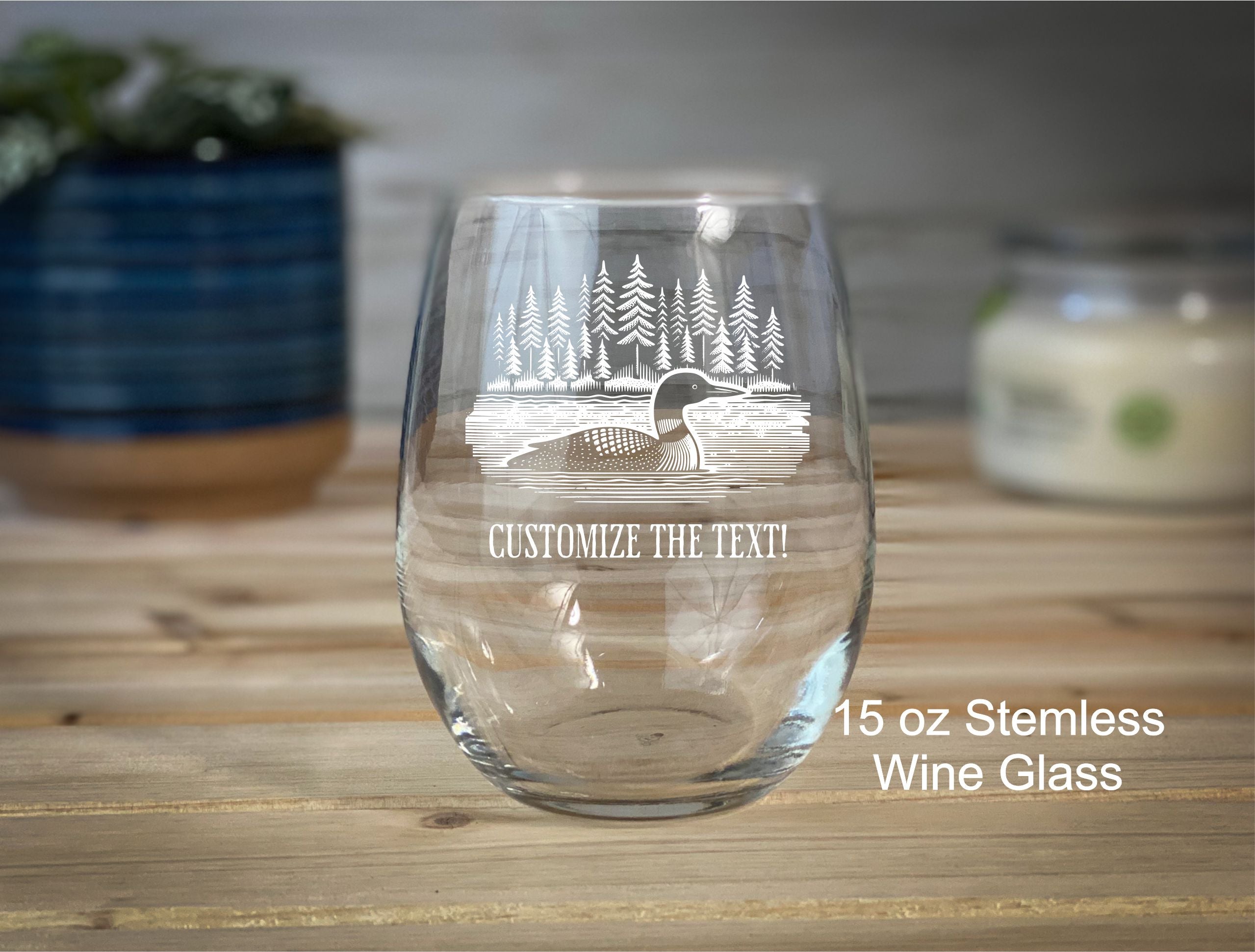 Loon on a Lake - 15 oz Stemless Wine Glass