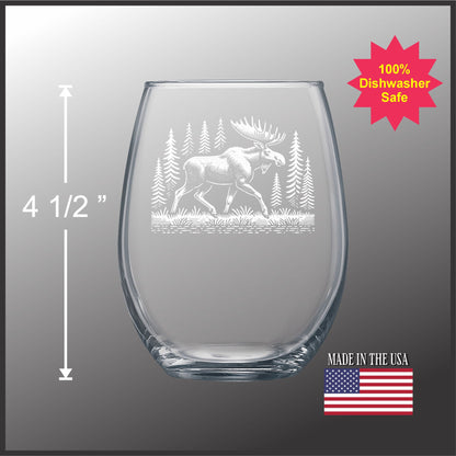Moose in a Forest - Stemless Wine Glass