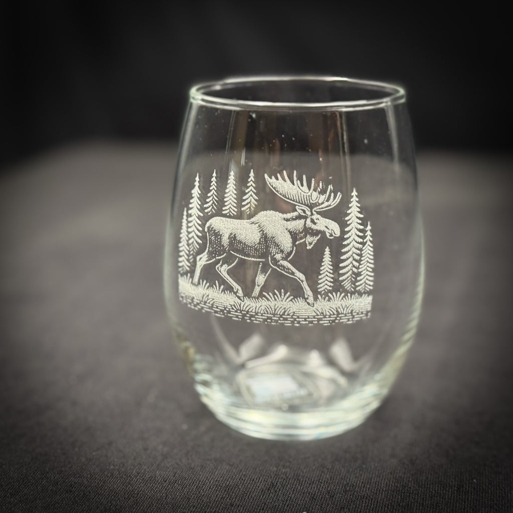 Moose in a Forest - Stemless Wine Glass