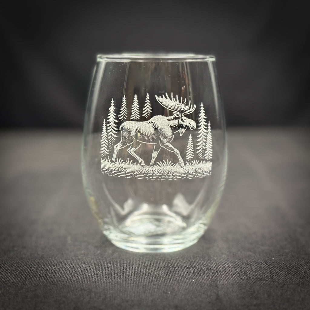 Moose in a Forest - Stemless Wine Glass