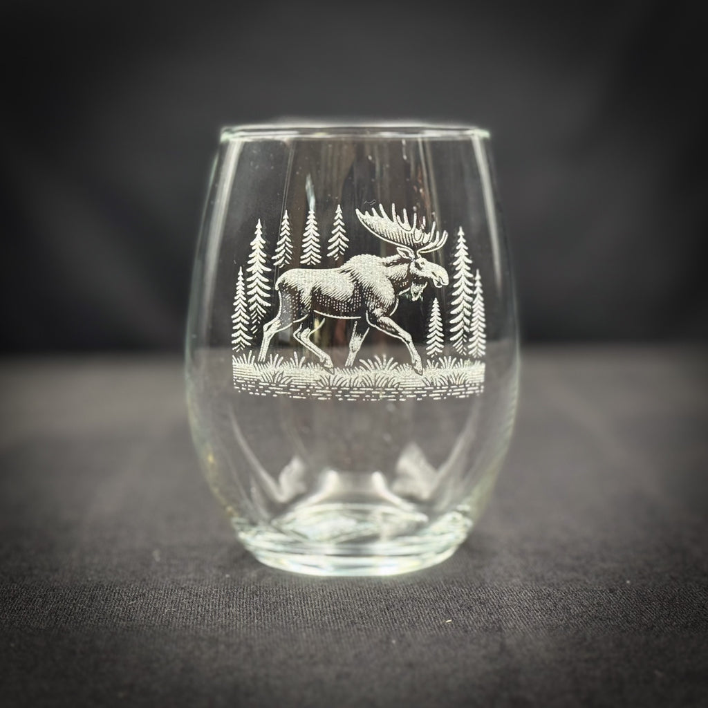 Moose in a Forest - Stemless Wine Glass