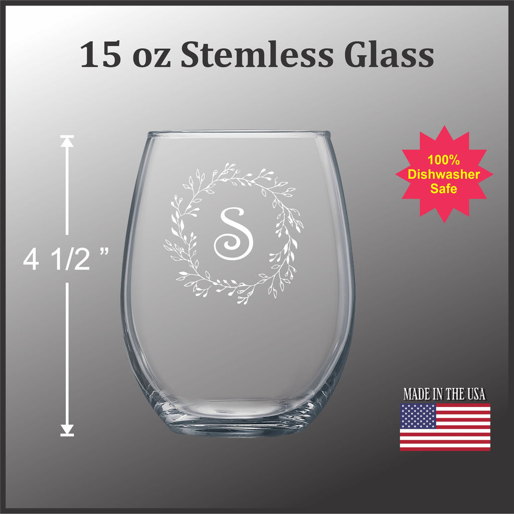 Floral Letter Custom - 15 oz Stemless Wine Glass