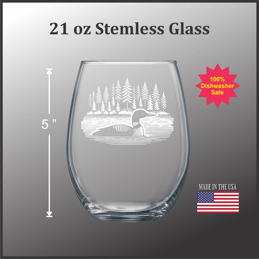 Loon on a Lake with Trees - Etched 21 oz Stemless Wine Glass