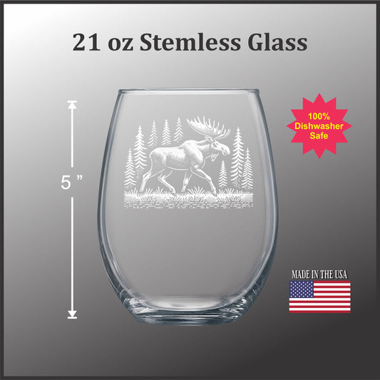 Moose in the Forest - Etched 21 oz Stemless Wine Glass