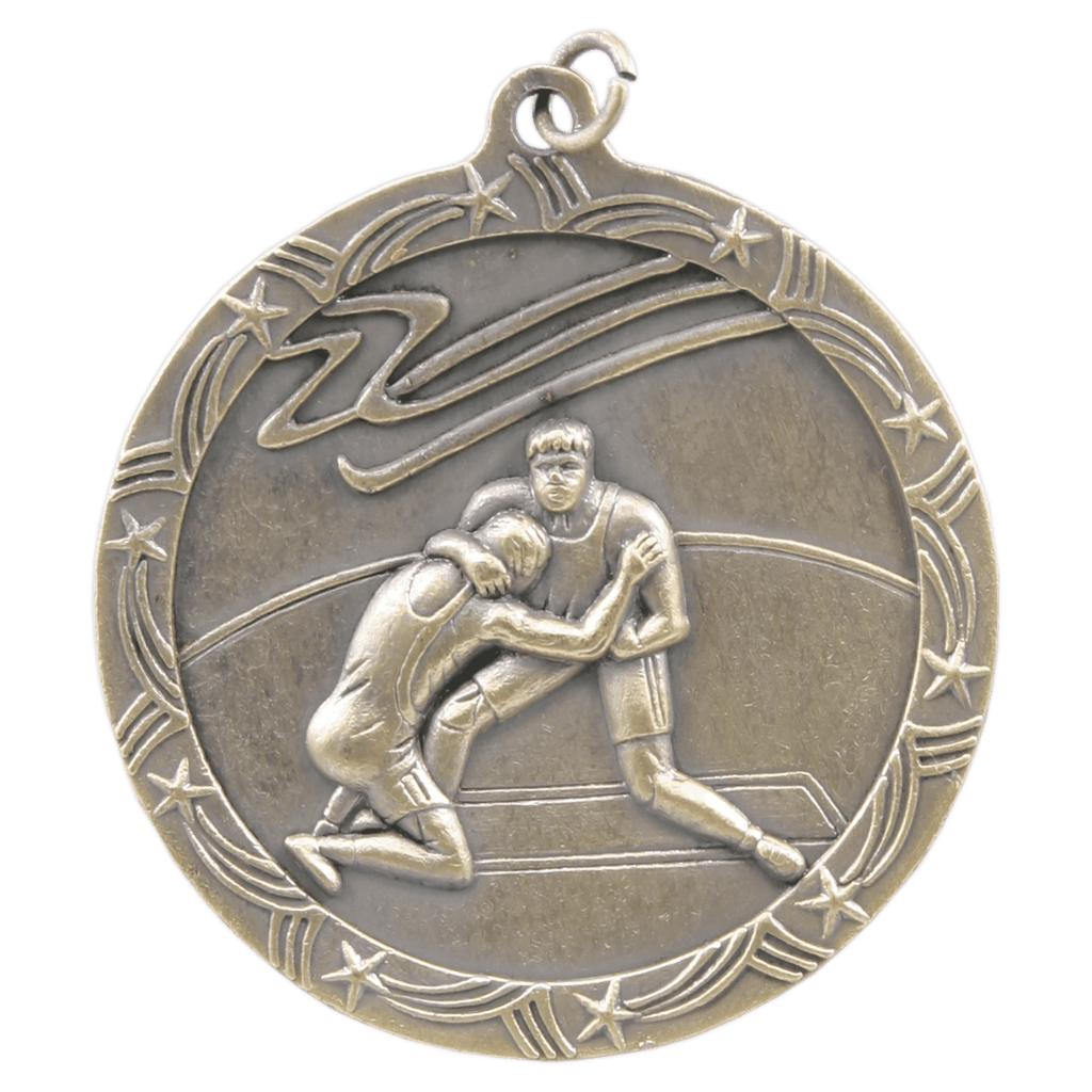 Antique Gold 2 1/2" Wrestling Shooting Star Medal