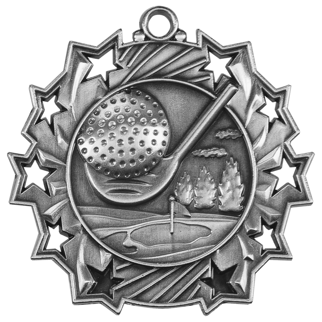 Antique Silver 2 1/4" Golf Ten Star Medal