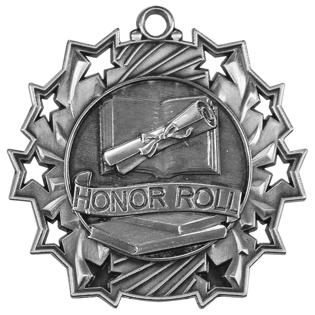 Antique Silver 2 1/4" Honor Roll Ten Star Medal