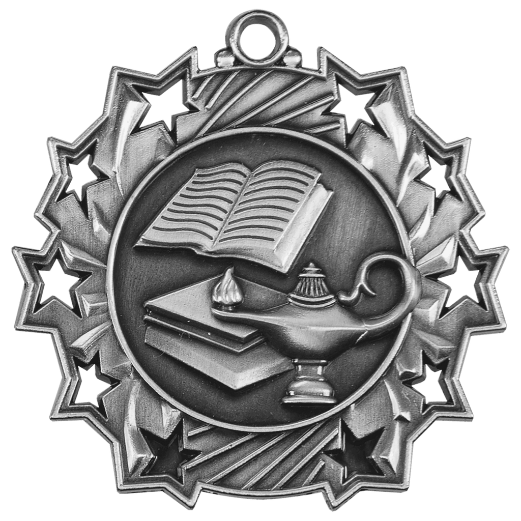 Antique Silver 2 1/4" Lamp of Knowledge Ten Star Medal