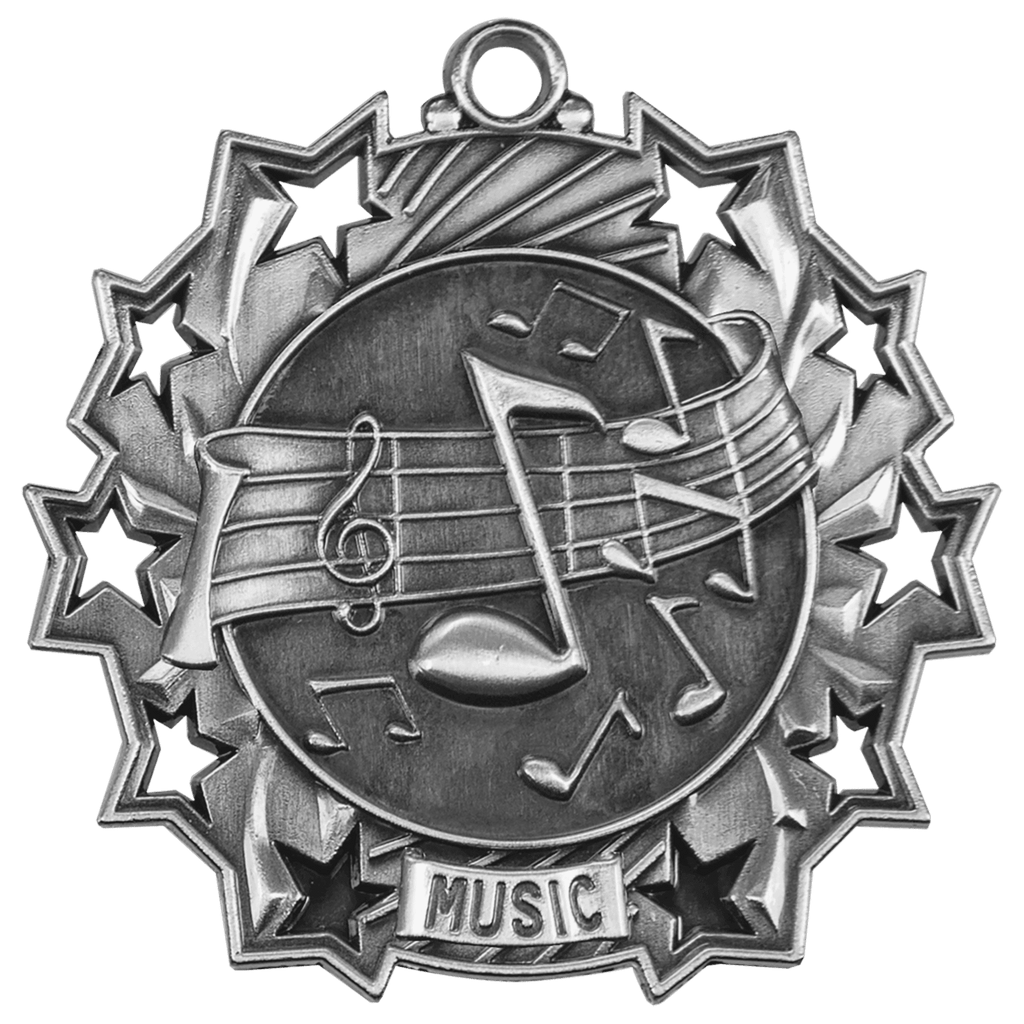 Antique Silver 2 1/4" Music Ten Star Medal