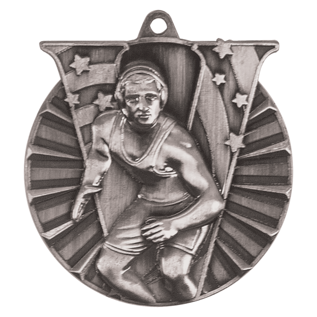 Antique Silver 2" Wrestling Victory Medal