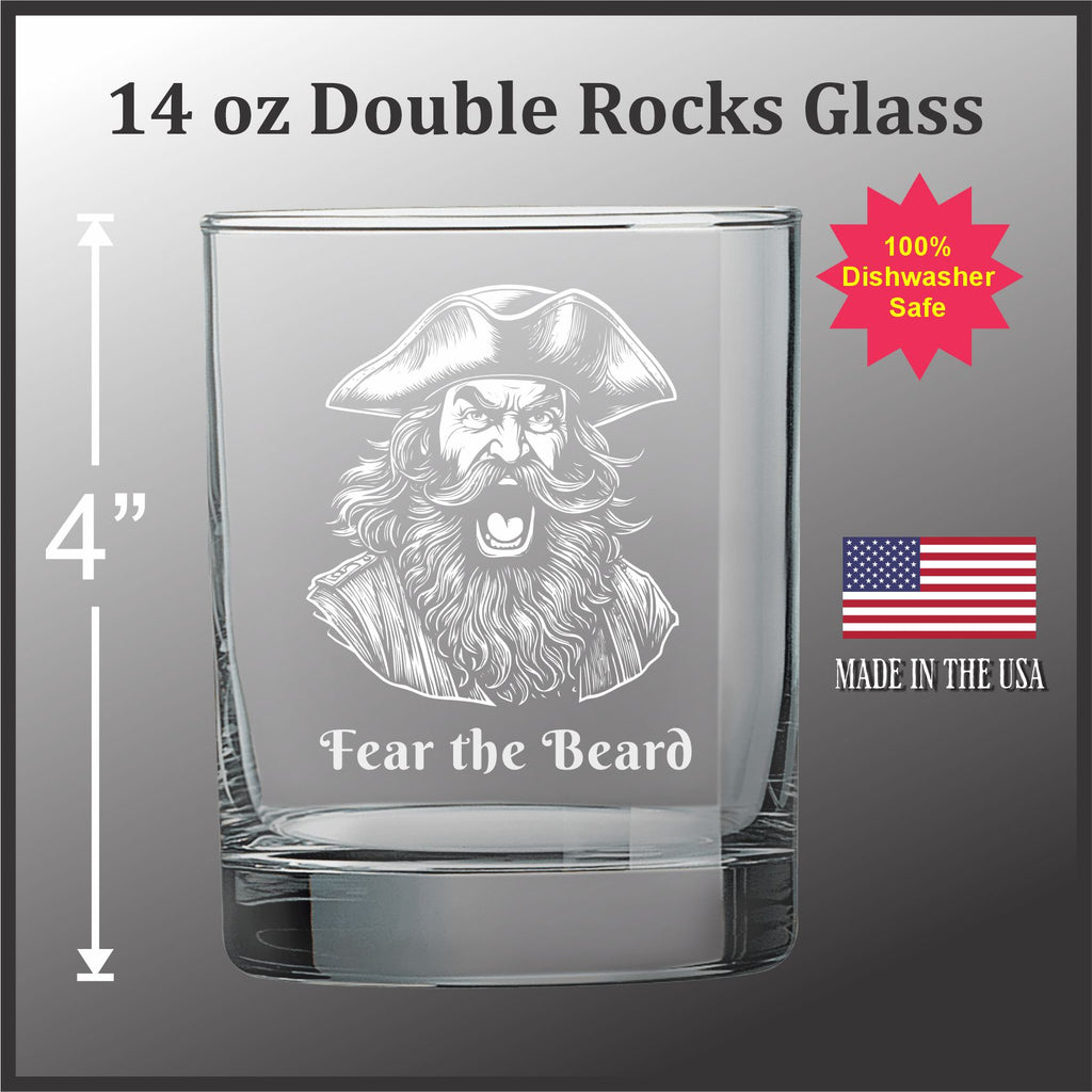 A 14 oz glass with a pirate face etched into it, featuring the text "Fear the Beard" and the American flag.