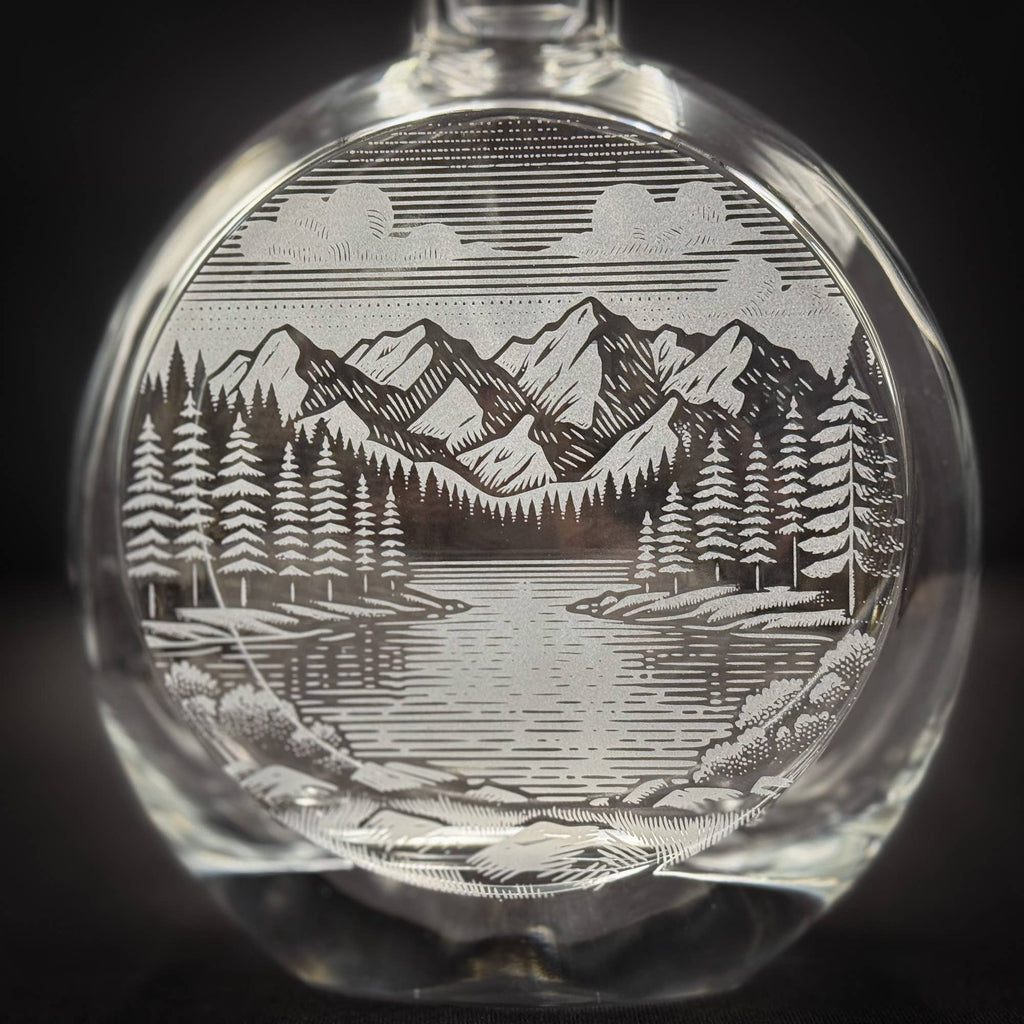 Mountains and Lake Scene - 750mL Flat Round Glass Decanter
