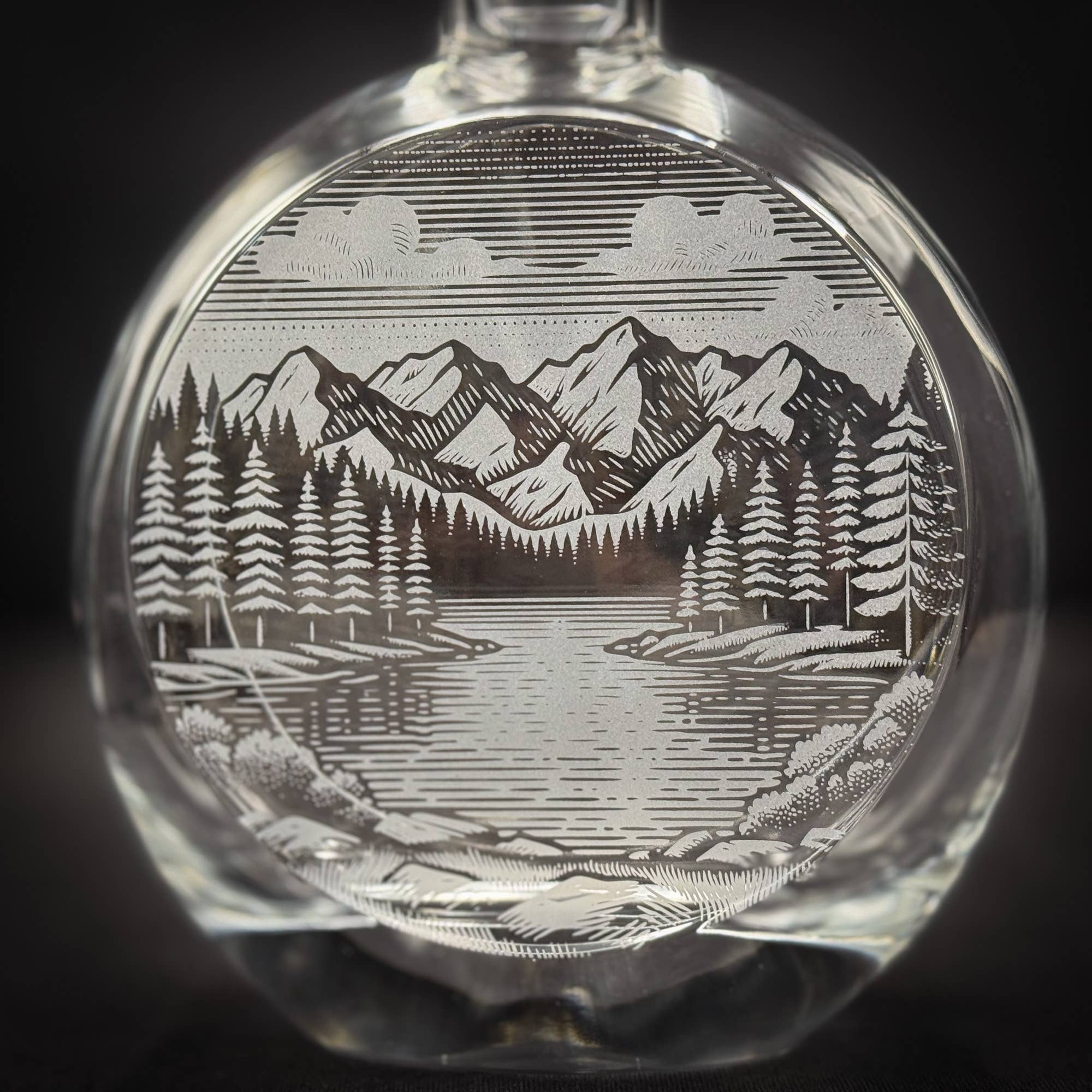 Mountains and Lake Scene - 750mL Flat Round Glass Decanter