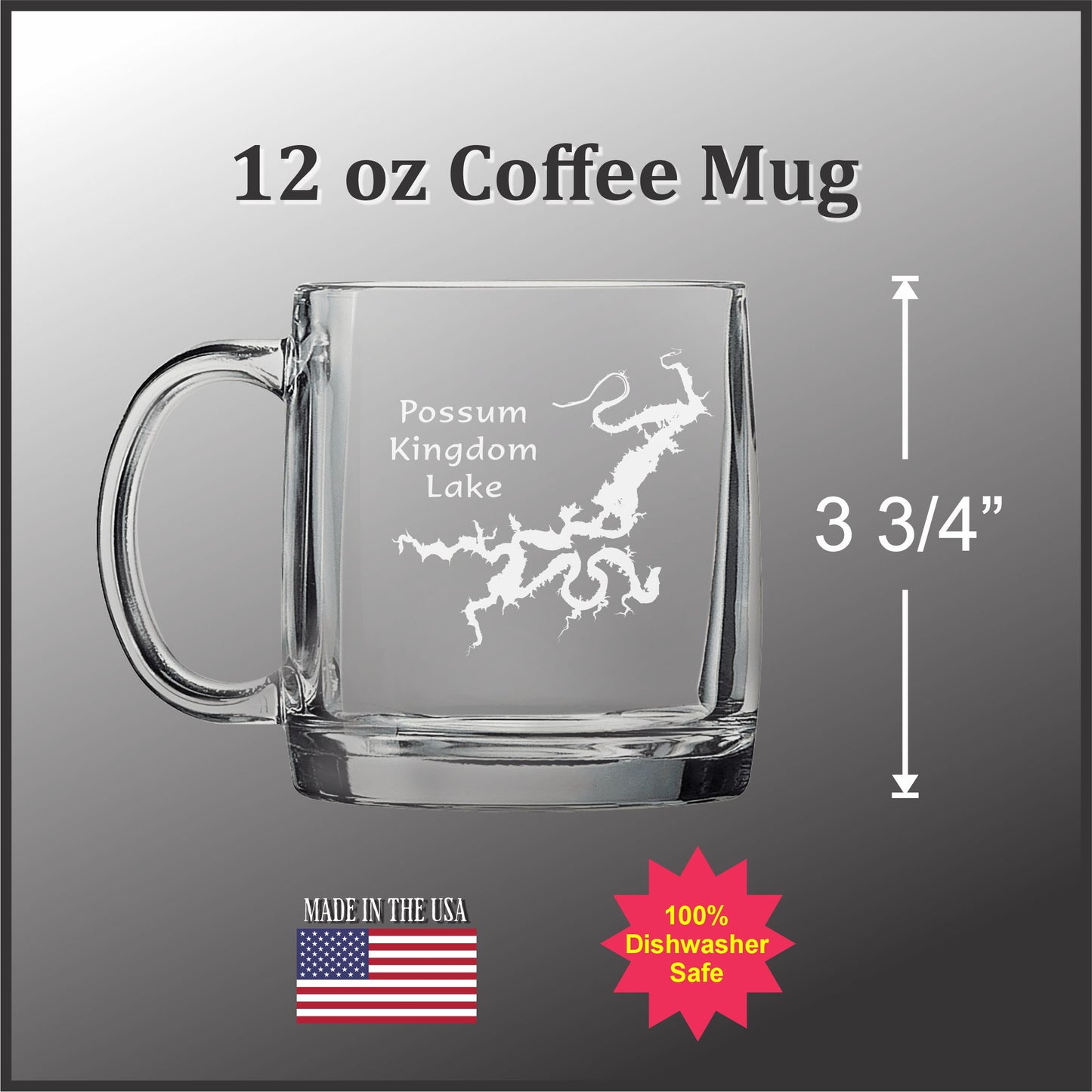 A 12 oz coffee mug with a design of Possum Kingdom Lake etched onto it. The mug is described as having a 3/4" handle and is made in the USA.