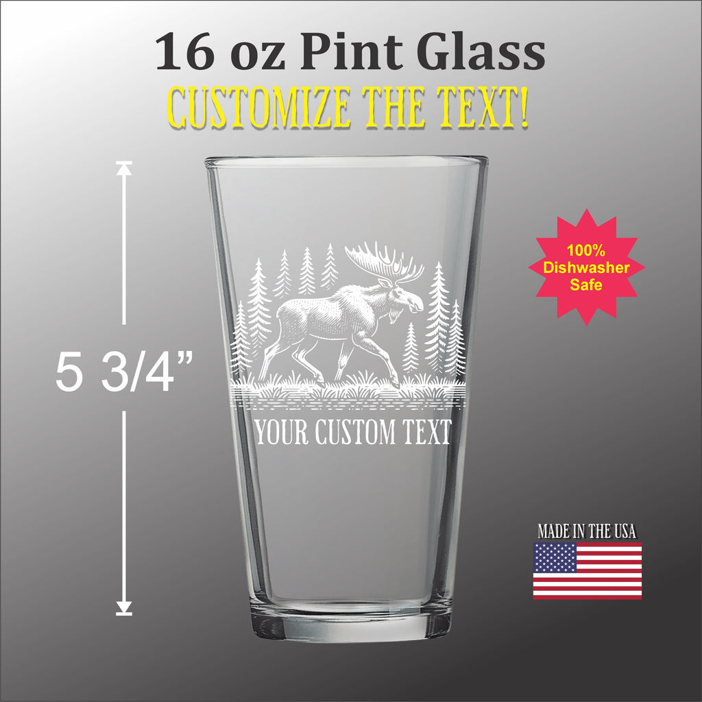 A clear glass with a moose engraved on it, along with a measurement of 5 3/4 inches and a custom text option.