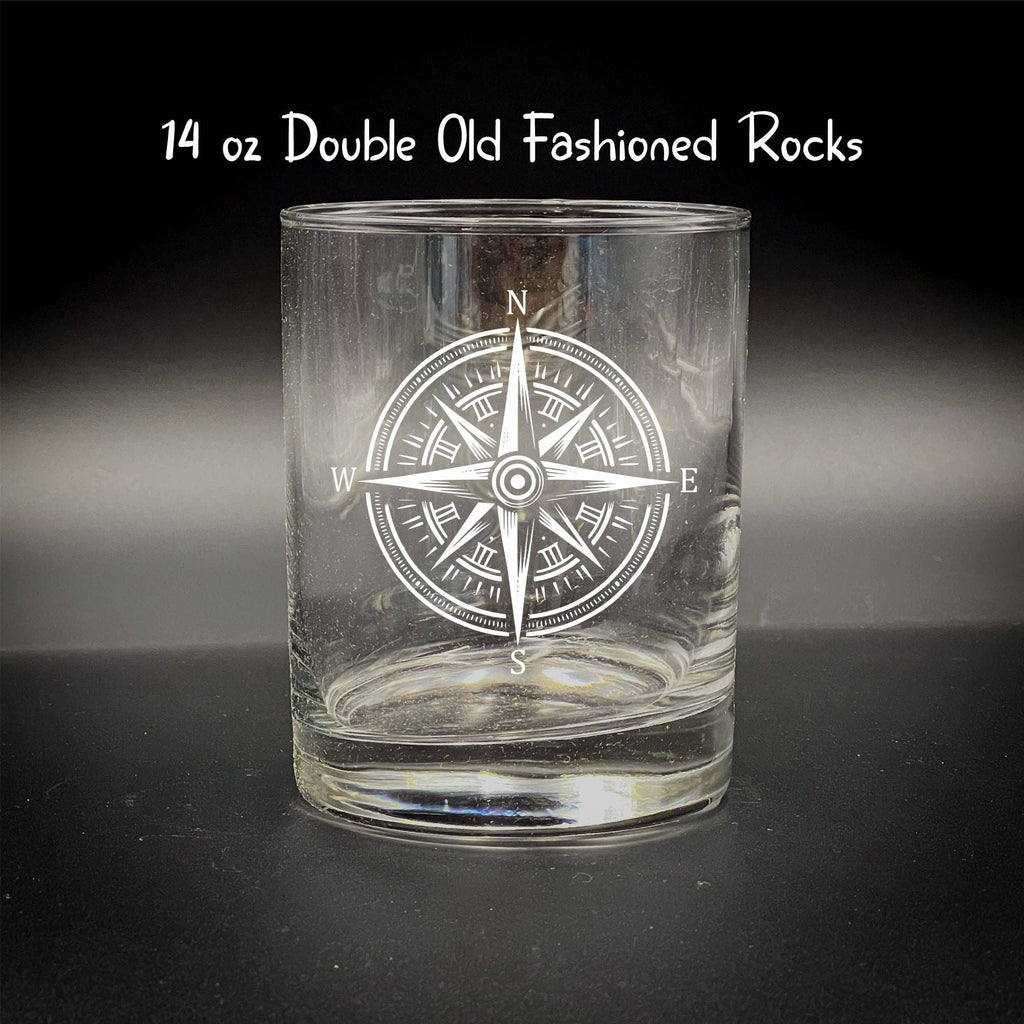 Compass - 14 oz Etched Rocks Glass with Custom Text