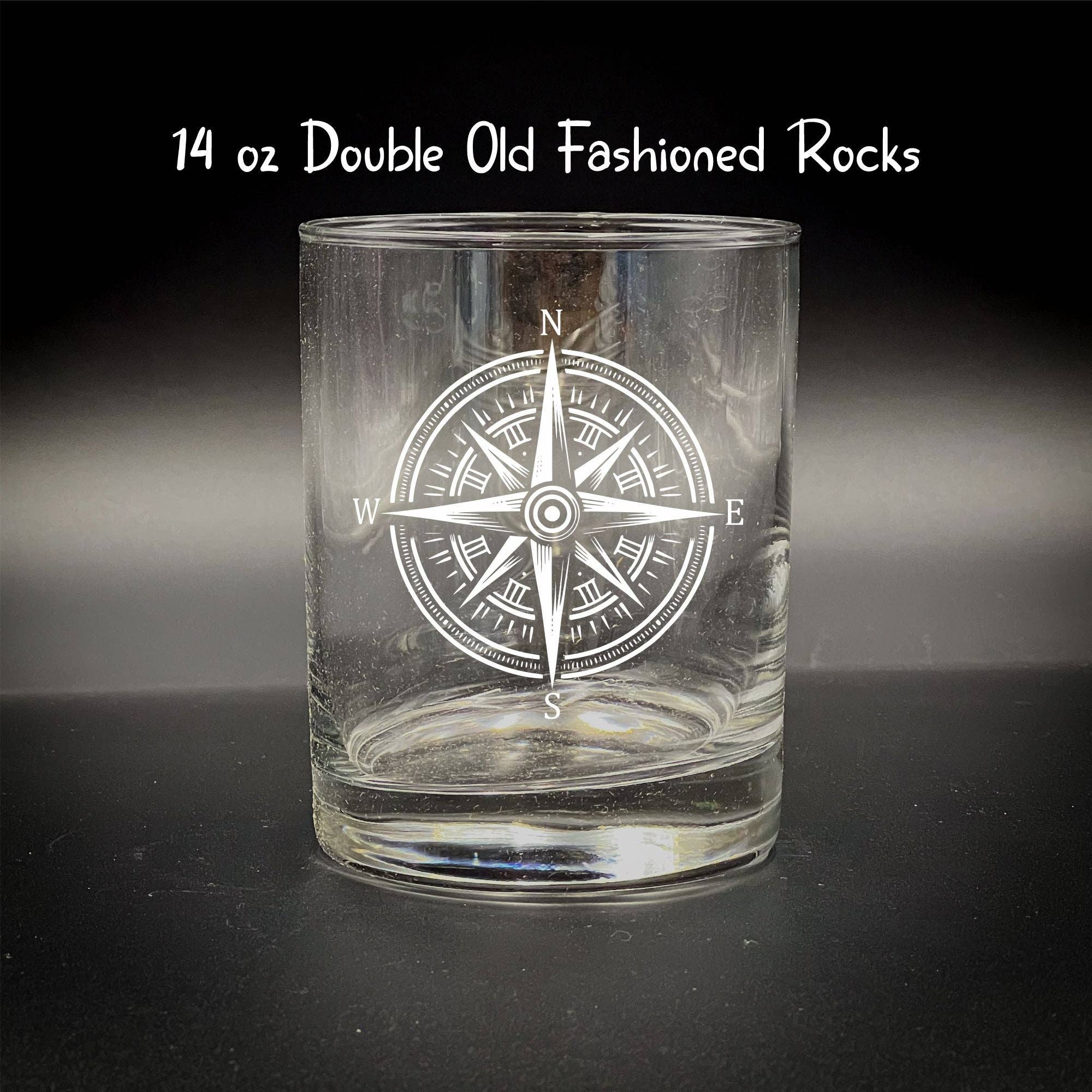 Double Old Fashioned Glass - 14 oz Etched Compass Tumbler with Custom Text