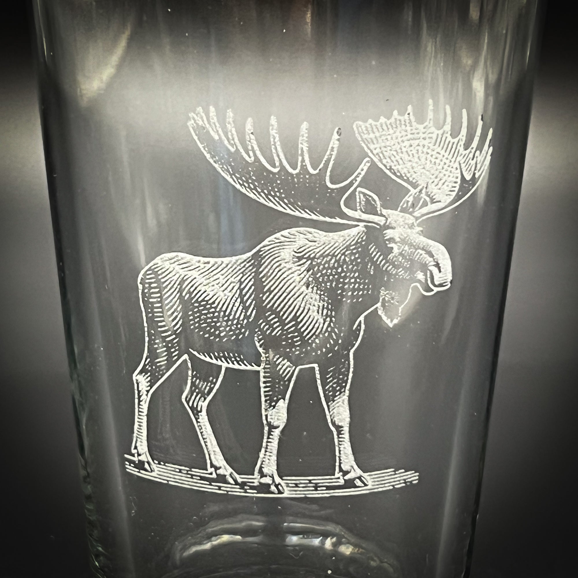 A glass with an etched image of a moose on it.